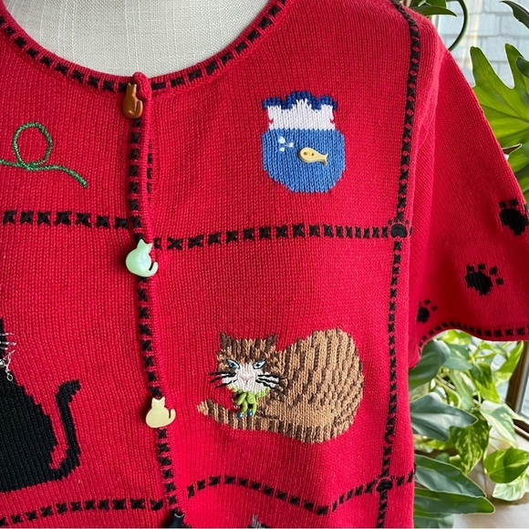 Vintage Marisa Christina Short Sleeve Red Cat Pattern Ramie Cotton Cardigan - Picture 12 of 12